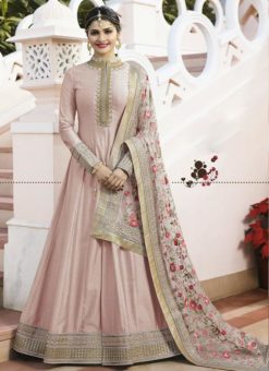 Excellent Pink Silk Designer Party Wear Anarkali Salwar Suit