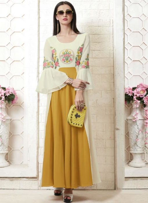 Fabulous Off White And Yellow Georgette Party Wear Designer Kurti