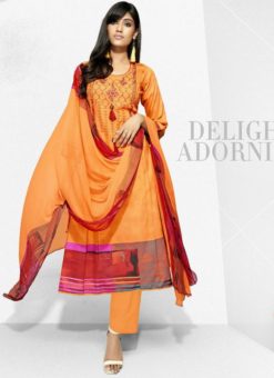 Attractive Orange Cotton Embroidered Wrok Party Wear Salwar Suit