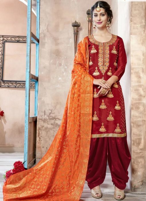 Excellent Maroon Silk Embroidered Work Patiala Suit
