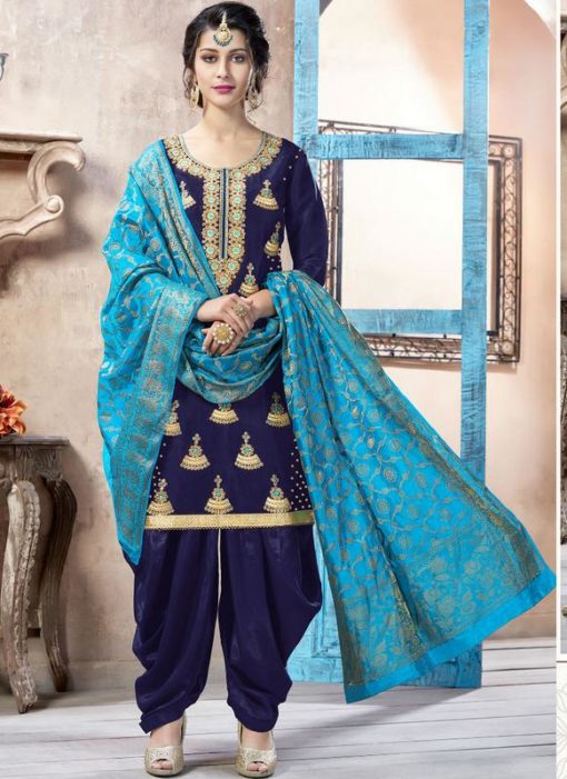 Wonderful Navy Blue Silk Embroidered Work Designer Patiala Suit