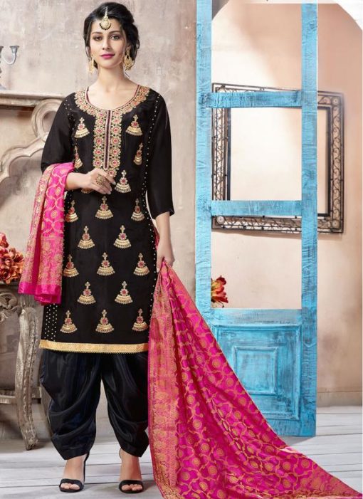 Attractive Black Silk Embroidered Work Designer Patiala Suit