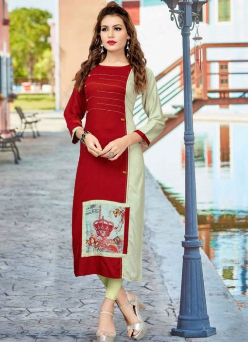 Lovely Red Rayon Cotton Party Wear Kurti