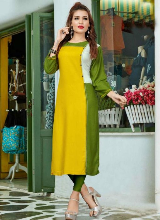 Awesome Yellow And Green Rayon Cotton Party Wear Kurti
