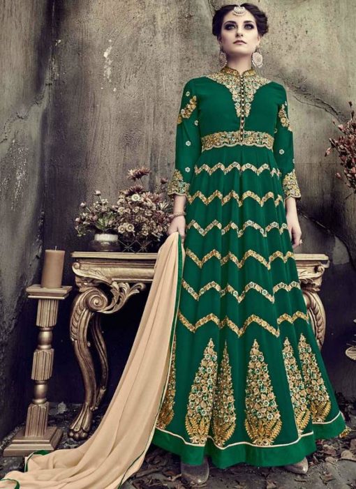 Amazing Green Georgette Embroidered Work Designer Anarkali Suit