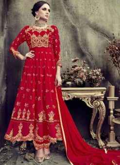 Beautiful Red Georgette Designer Embroidered Work Anarkali Salwar Suit