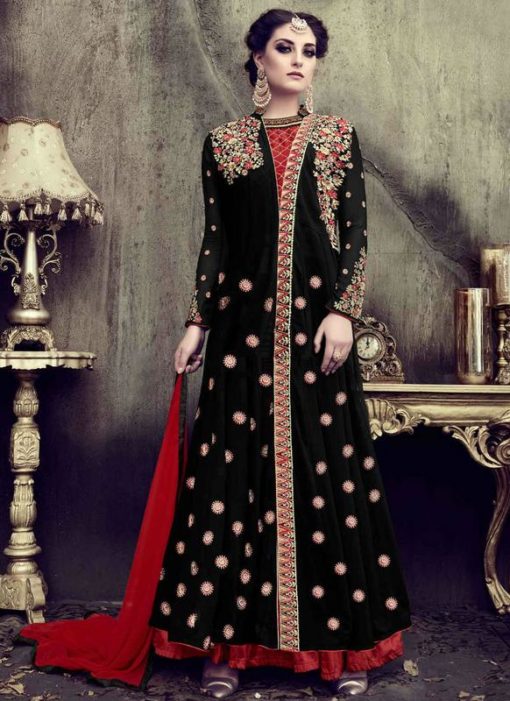 Excellent Black Georgette Designer Embroidered Work Long Lehenga Choli Suit