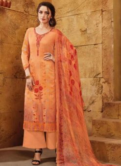 Splendid Orange Satin Designer Printed Palazzo Suit
