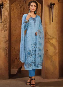Captivating Blue Satin Designer Printed Palazzo Suit