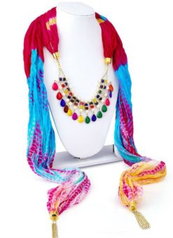 Elegant Red And Sky Blue Silk Designer Scarf With Party Wear Necklace