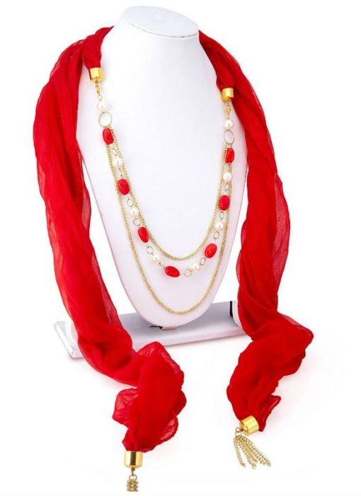 Attractive Red Chiffon Designer Scarf With Party Wear Necklace