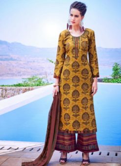 Awesome Yellow Satin Printed Palazzo Suit