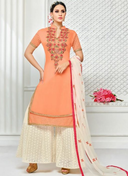 Amazing Peach Silk Embroidered Work Palazzo Suit