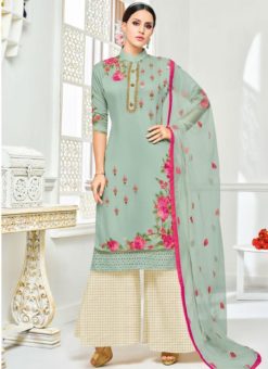 Wonderful Green Silk Party Wear Embroidered Work Palazzo Suit
