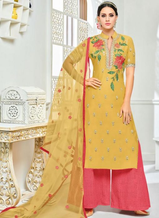 Lovely Yellow Silk Embroidered Work Party Wear Palazzo Suit