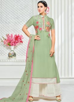 Superb Green Silk Embroidered Work Designer Palazzo Suit