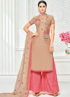 Excellent Brown Silk Embroidered Work Party Wear Palazzo Suit