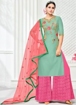 Graceful Green Silk Party Wear Embroidered Work Palazzo Suit