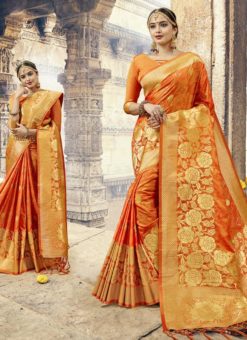Deluxe Orange Silk Zari Print Traditional Saree