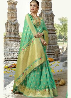 Monumental Green Silk Zari Print Traditional Saree