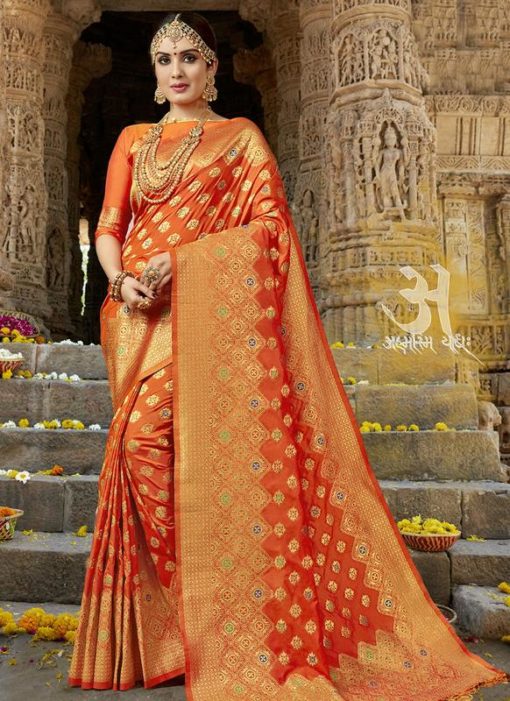 Stupendous Orange Silk Zari Print Traditional Saree
