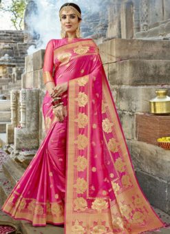 Charming Pink Silk Zari Print Traditional Saree
