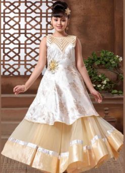 Lovely Brown And Off White Jacquard Silk Designer Kids Gown
