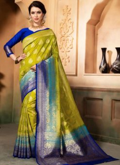 Lovely Green And Blue Silk Zari Print Party Wear Saree