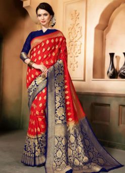 Amazing Red And Blue Silk Zari Print Party Wear Saree