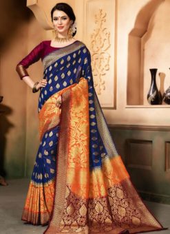 Blisful Blue And Orange Silk Silk Party Wear Saree