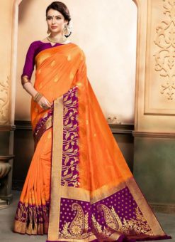 Awesome Orange And Magenta Silk Zari Print Party Wear Saree