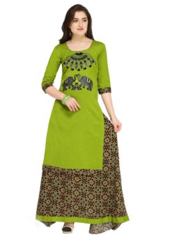 Magnificent Green Cotton Embroiered Wrok Long Lehenga Choli