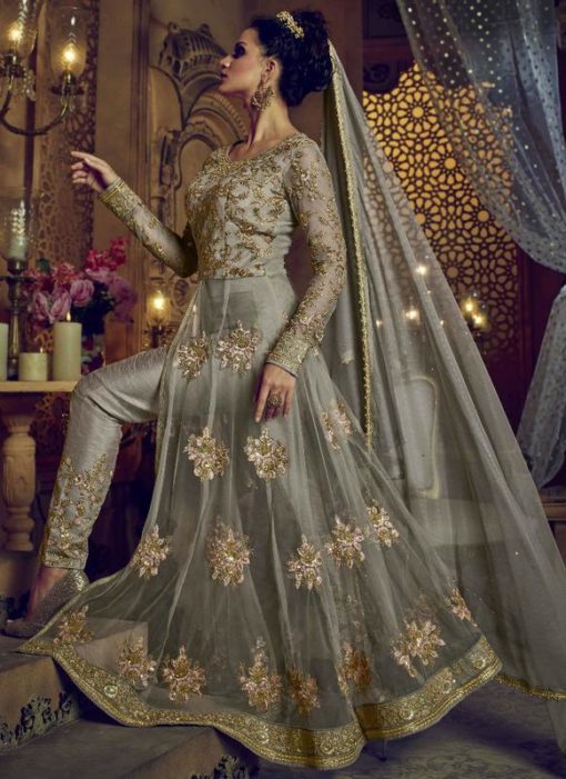 Resplendent Grey Net Designer Wedding Anarkali Salwar Suit