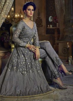 Stunning Grey Net And Banglori Silk Designer Anarkali Salwar Suit
