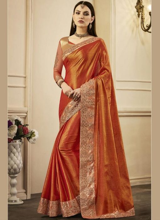 Marvellous Orange Chanderi Silk Designer Party Wear Saree