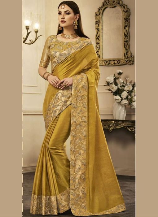 Spectacular Yellow Designer Chanderi Silk Party Wear Saree