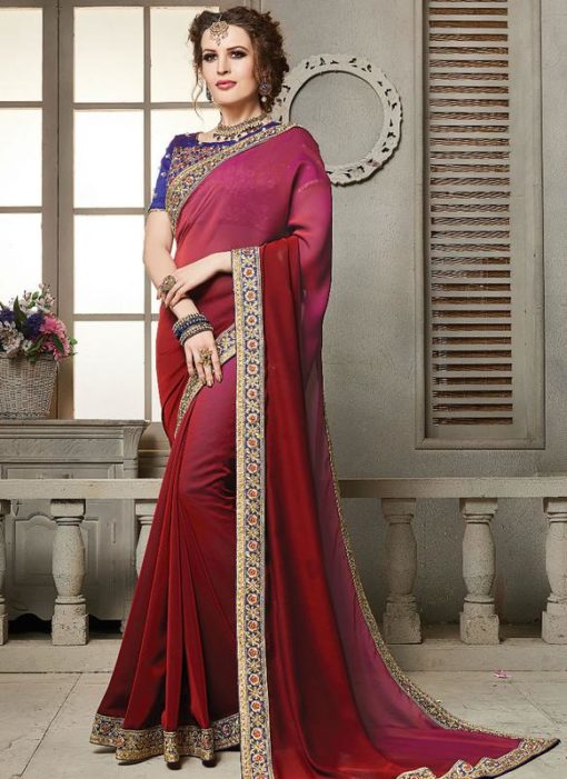 Stunning Magenta Satin Silk Designer Party Wear Saree