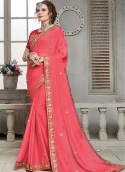 Astounding Pink Satin Silk Designer Embroidered Work Saree