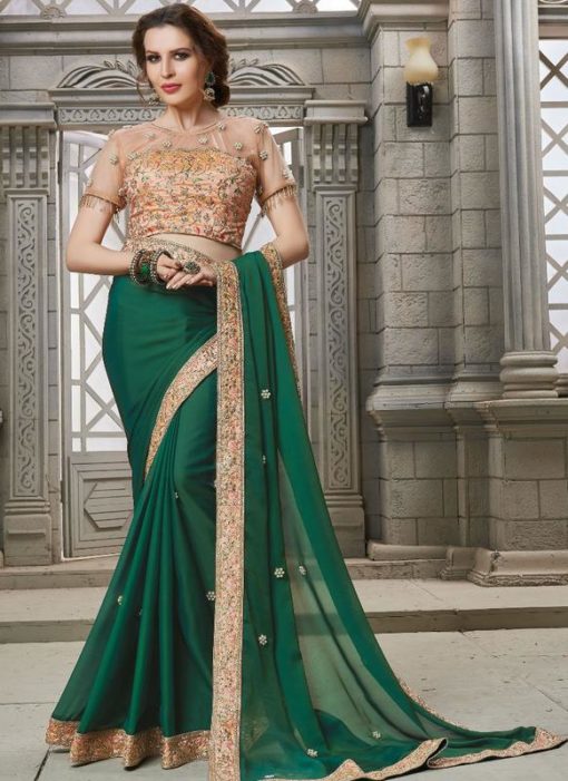 Glorious Green Silk Designer Party Wear Saree