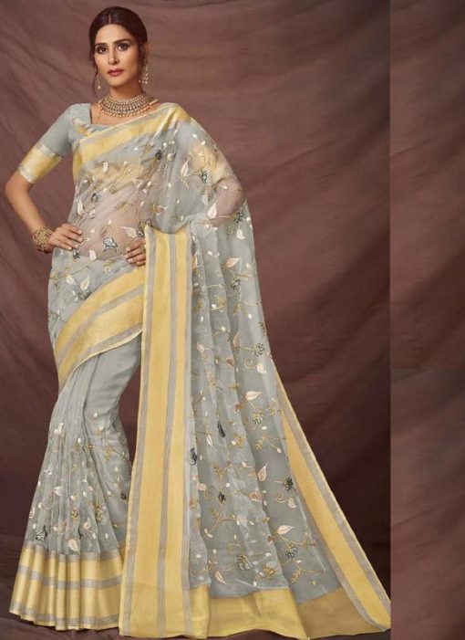 Lovely Grey Silk Embroidered Work Party Wear Saree