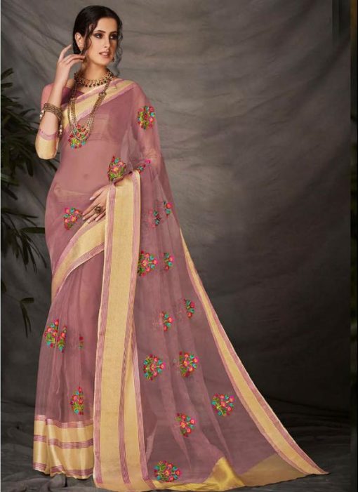 Magnificent Pink Silk Embroidered Work Designer Saree