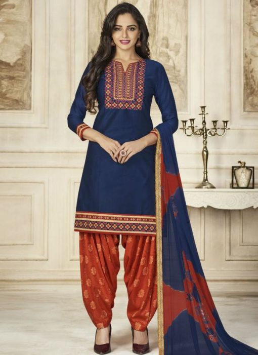 Grandiose Navy Blue Cotton Embroidered Work Patiyala Salwar Suit