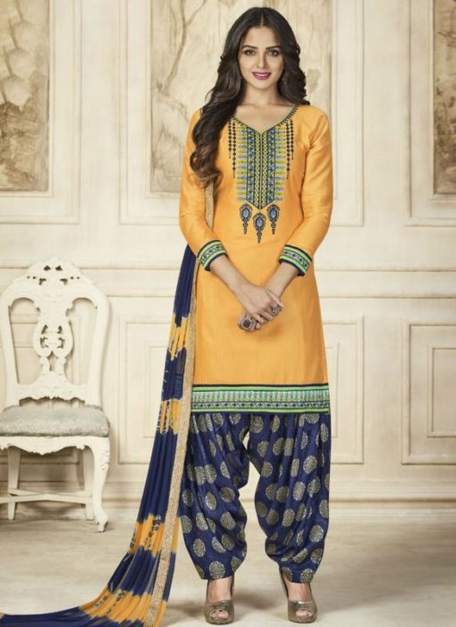 Excellent Yellow Cotton Embroidered Work Patiyala Salwar Suit
