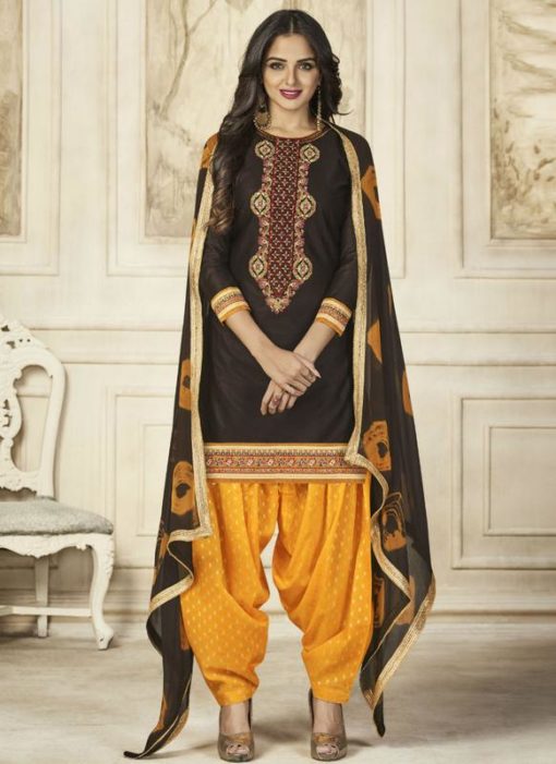 Attractive Black Cotton Embroidered Work Patiyala Salwar Suit