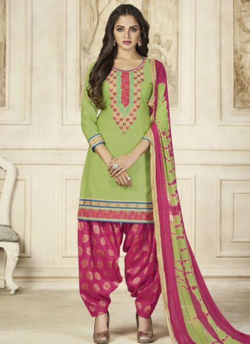 Beautiful Green Cotton Embroidered Work Patiyala Salwar Suit