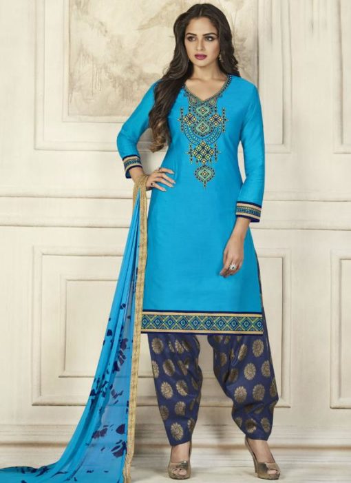 Blisful Blue Cotton Embroidered Work Patiyala Salwar Suit