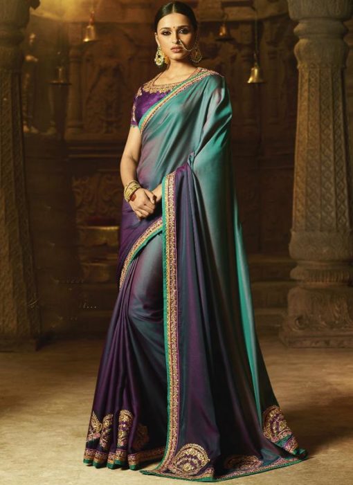 Lovely Wine And Rama Green Designer Party Wear Saree