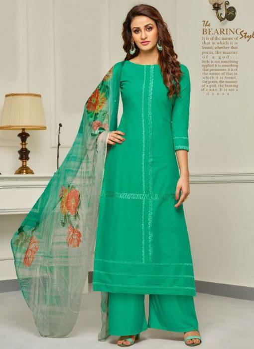 Excellent Green Cotton Designer Embroidered Wrok Palazzo Suit