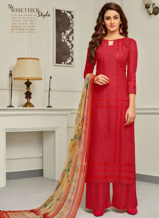 Amazing Red Cotton Embroidered Work Designer Palazzo Suit