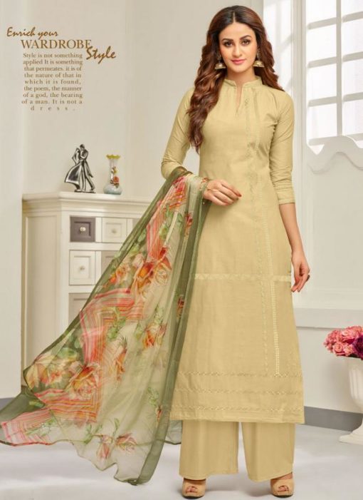 Charming Beige Cotton Embroidered Work Designer Palazzo Suit